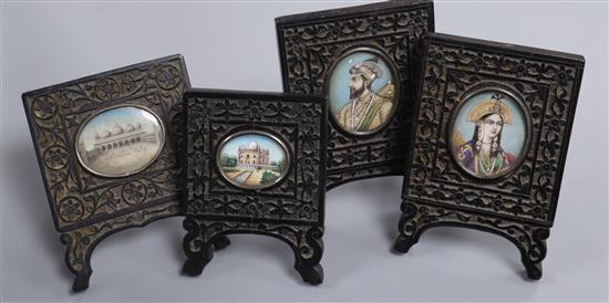 A pair of Indian oval painted miniatures of lady and gentleman in carved frames and two others painted with buildings